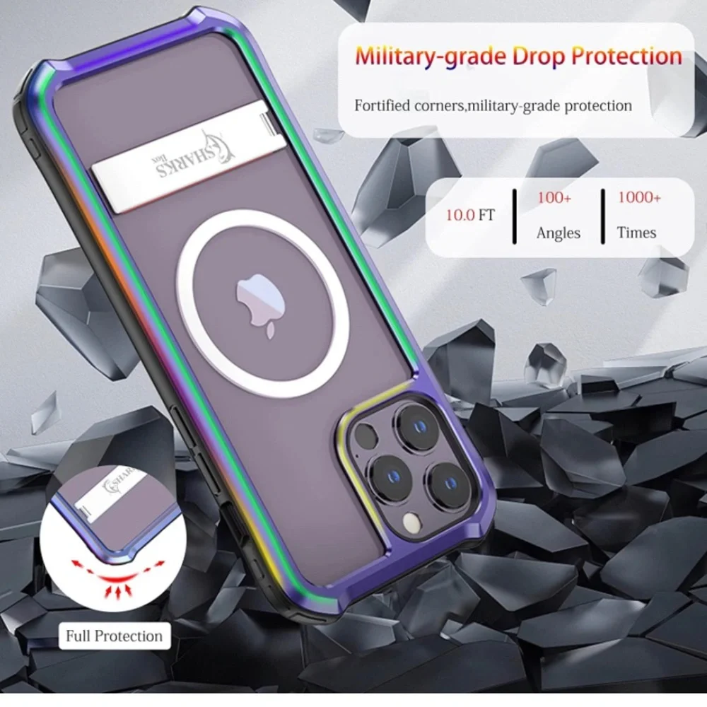 New SHARKS Box Magnetic Circle Kickstand Clear Case for iPhone 14 Pro
